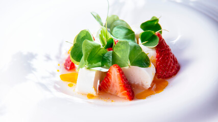 ice cream with strawberries, oxalis and kombucha syrup