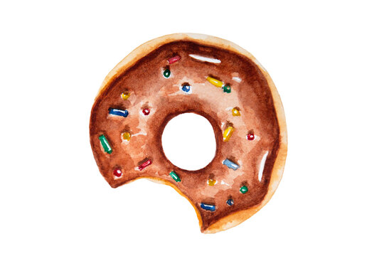 Watercolor drawing of donut with chocolate glaze and colorful topping isolated on the white background. Hand painted illustration of brown donut