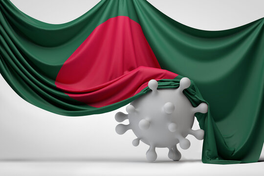 Bangladesh Flag Draped Over A Covid Virus Disease Molecule. 3D Rendering