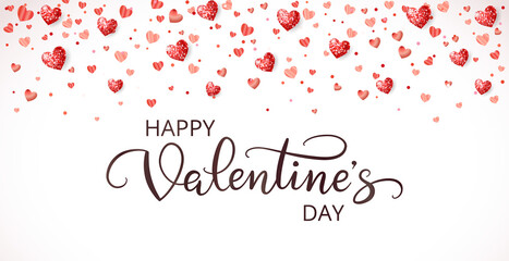 Happy Valentine's day banner. Red glitter hearts confetti decoration. Holiday background. Hand written text, lettering. Romantic frame, border. Great for wedding or mother's day banners. Vector.