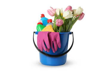 Bucket with cleaning tools and tulips isolated on white background