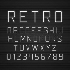 Vector design retro signboard letters with light neon lamps.