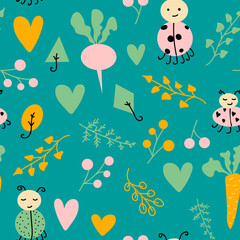 Seamless pattern vector with Ladybirds, beetles, radish and carrot, branches, leaves, berries, hearts. Ideal for design children clothes and for other accessories, wrapping paper texture. Flat.