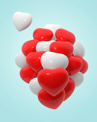 abstract 3d rendering red and white heart shape balloon design on blue background