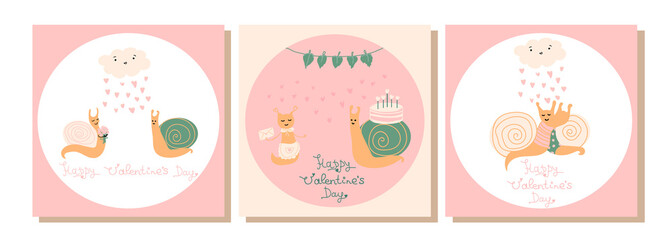 Vector set of Valentines cards. Сouple of little cute snails. Happy Valentines Day. Love, cloud and pink hearts. Romantic holiday card or poster,  banner