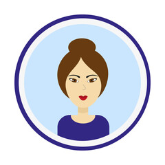 Female avatar. Cute woman’s portrait on blue background. Girl face with bun hairstyle. Isolated vector illustration.