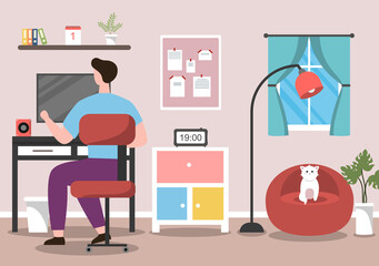 Vector Illustration People During Quarantine from coronavirus Works on Laptops and Computers at Home or Workplace .Remotely. Flat Style Design