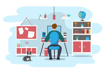 Vector Illustration People During Quarantine from coronavirus Works on Laptops and Computers at Home or Workplace .Remotely. Flat Style Design