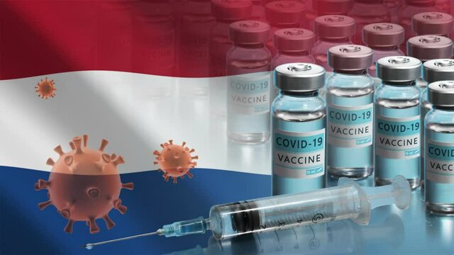 The Netherlands to launch COVID-19 vaccination campaign. Coronavirus vaccine vials, Covid 19 cells and flag of the Netherlands. Research and creation of a vaccine. Seamless loop video.