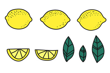 Hand drawn Fresh ripe lemon in doodle style. Set of sliced fruits, whole, and leaves. Yellow Citrus. Healty detox food. Vector flat illustration isolated on white background