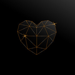 Polygonal heart with gold adges on a black background. Vector illustration.