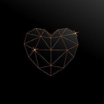 Polygonal heart with gold adges on a black background. Vector illustration.