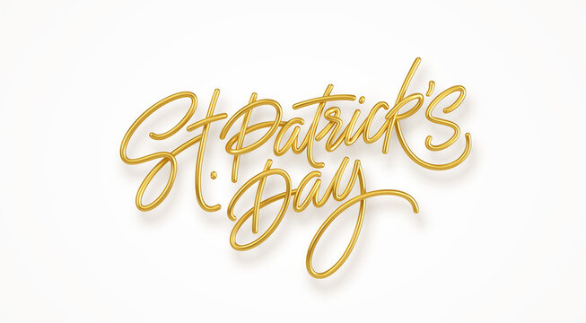 Golden realistic lettering Happy St. Patricks Day isolated on white background. Design element for poster, banner Happy Patrick. Vector illustration