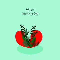 Valentine's Day greeting card. A split heart with tropical plants growing out of it. Vector illustration.