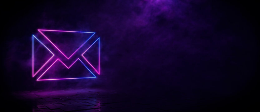 Pink and blue neon light email icon. Vibrant colored technology symbol, isolated on a black background. 3D Render 
