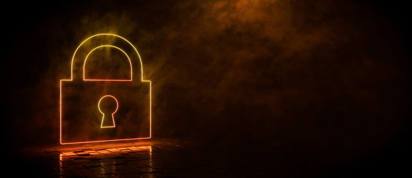 Orange and yellow neon light lock icon. Vibrant colored technology symbol, isolated on a black background. 3D Render 