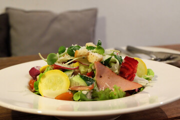 Close up bacon ham and cheese Caesar salad