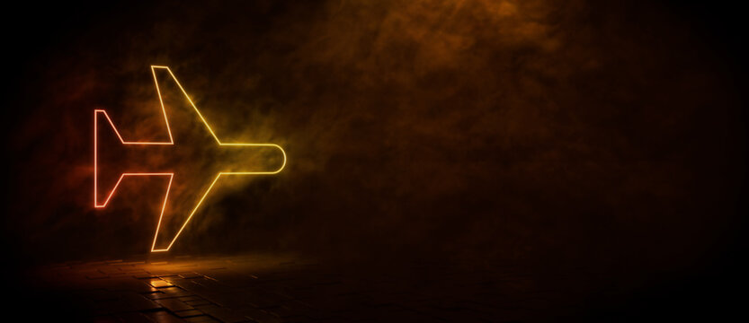 Orange and yellow neon light airplane icon. Vibrant colored technology symbol, isolated on a black background. 3D Render 