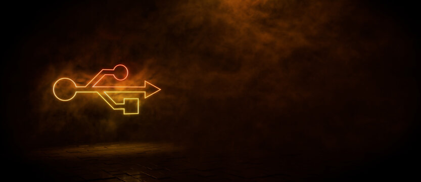 Orange and yellow neon light usb icon. Vibrant colored technology symbol, isolated on a black background. 3D Render 