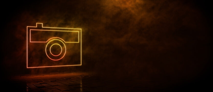 Orange and yellow neon light camera icon. Vibrant colored technology symbol, isolated on a black background. 3D Render 