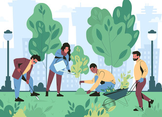 Young people are planting trees in the park. Volunteer work on greening the city in the spring. Flat vector illustration
