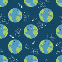Seamless pattern cartoon Earth planet. Happy globe character in space. Vector illustration for textile print, wrapping paper and wallpaper