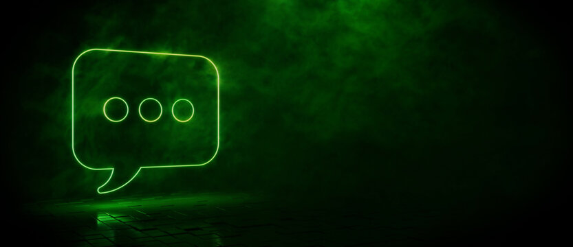 Green neon light sms icon. Vibrant colored technology symbol, isolated on a black background. 3D Render 