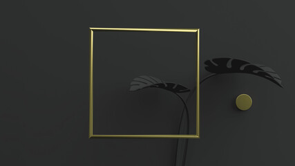 Golden square frame on black background with monstera leaves. 3D Illustration