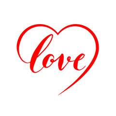 LOVE. Continuous line script cursive text love. Lettering vector illustration for poster, card, banner valentine day, wedding. Hand drawn word - love with doodle heart.