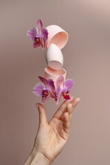 Levitation of the beauty blender. Pink Sponge for applying concealer and foundation. Trending style balance and levitation. 
A young woman catches a beauty blender with her hands.