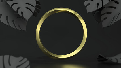 Golden circle frame on black background with monstera leaves. 3D Illustration