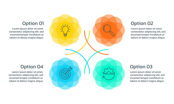 Infographic concept with 4 steps, part or options. Business layout template with four abstract circles. Presentation, process, timeline info graphic design elements. Vector illustration.