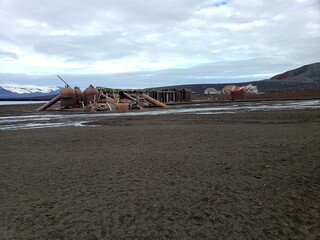 Pamoramic view of old abandoned whaler's station and hut, whaler's bay, deception island, antarctica