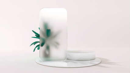 Frosted glass frame of a phone template application on podium. 3D Illustration