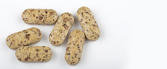 pills, medicine isolated on white background, top view