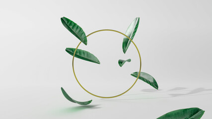 Golden circle frame and falling leaves 3D Illustration