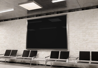 Horizontal A4 billboard on underground wall Mockup. Hoarding advertising on train station wall 3D rendering