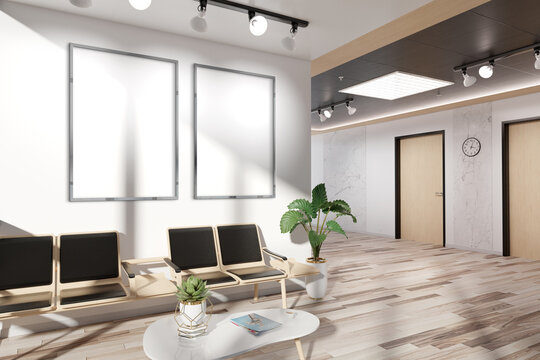 Two Vertical Frames Mockup Hanging In Office Waiting Room. Mock Up Of Billboards In Modern Concrete Interior 3D Rendering