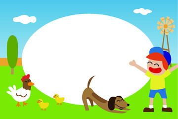 Boy in the farmer playing with his dog. Photo Frame for Kids. Vector illustration