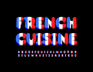 Vector creative sign French Cuisine. France flag Font. Bright Alphabet Letters and Numbers set