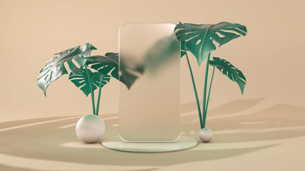 Frosted glass frame of a phone template application on podium. 3D Illustration