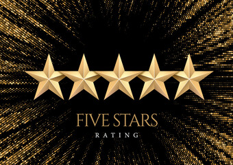 Five gold Stars. Rating or quality symbol. Against the backdrop of a stylish flash of gold sparkling from the center on a black background. Poster template.Vector illustration