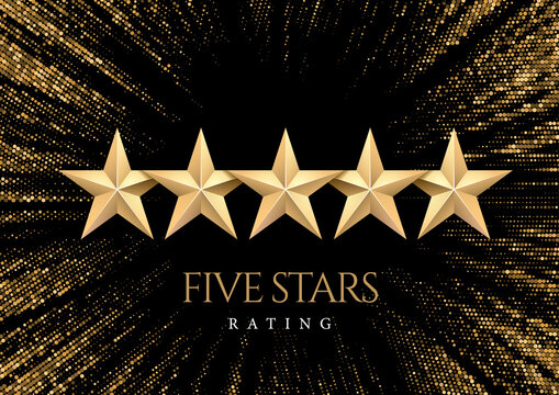 Five gold Stars. Rating or quality symbol. Against the backdrop of a stylish flash of gold sparkling from the center on a black background. Poster template.Vector illustration