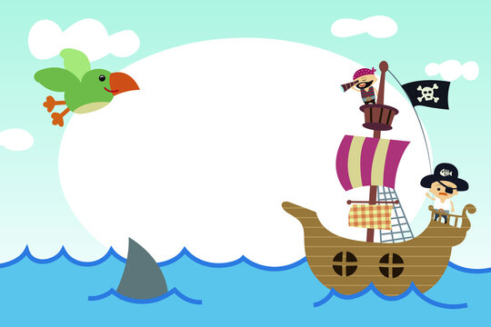Pirate ship photo frame. Vector illustration for kids.