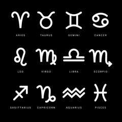 Zodiac sign. Astrological symbols of the twelve zodiacal constellations isolated on black background. Vector illustration