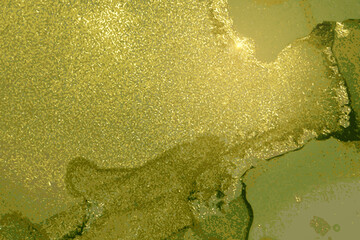 Dark green marble texture with golden dust. Abstract vector background in alcohol ink technique. Modern paint with glitter. Template for banner, poster design. Fluid art painting