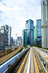Fototapeta na wymiar Monorail in Tokyo. Skyscrapers, urban landscape