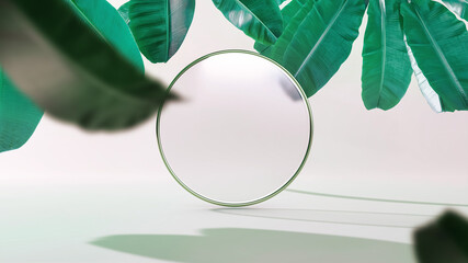 Matte glass circle with golden frame and falling leaves 3D Illustration