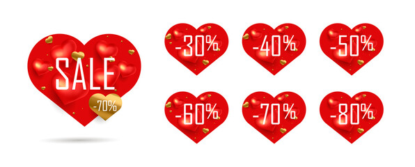 Set of shopping tags or discount labels for Valentines day with percent sale discounts, red heart-shaped stickers