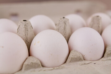 fresh raw chicken eggs in a cardboard tray on a white background